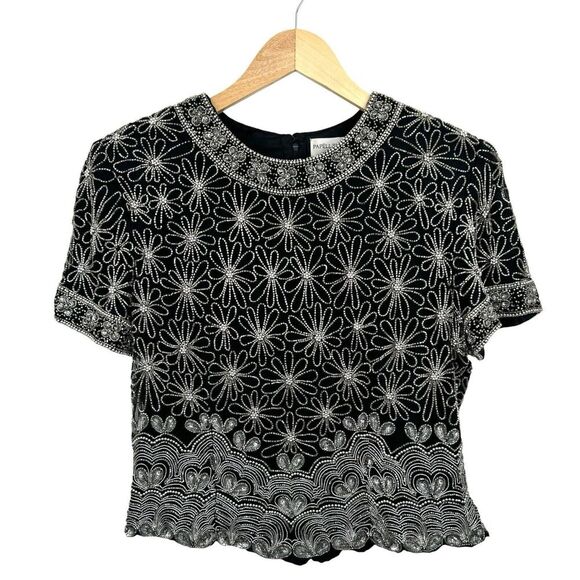 Vintage Papell Boutique Women Petite Beaded Silk Blouse Black PL Floral Evening - Picture 1 of 14